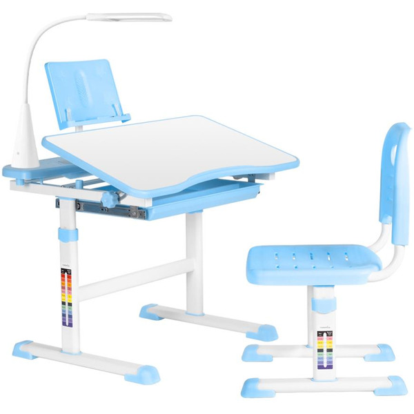 Парта+стул Anatomica Avgusta с выдвижным ящиком, подставкой и светильником (белый/голубой)