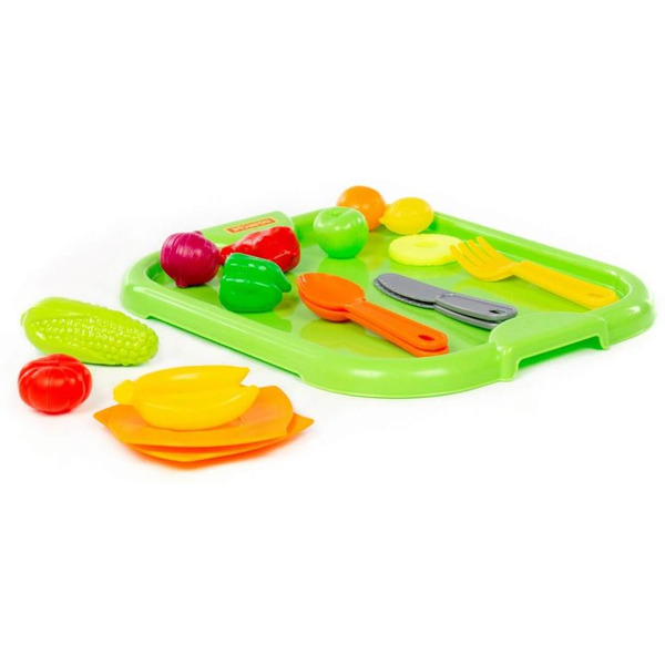 Набор детской посуды Полесье с зелёным подносом и набором продуктов 71815 (18 элементов)