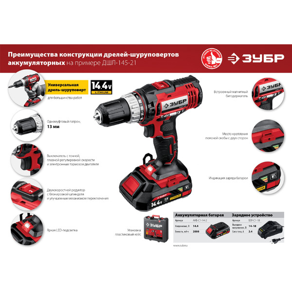 Дрель-шуруповерт Зубр Мастер ДШЛ-145-21 (с 1-м АКБ, кейс)