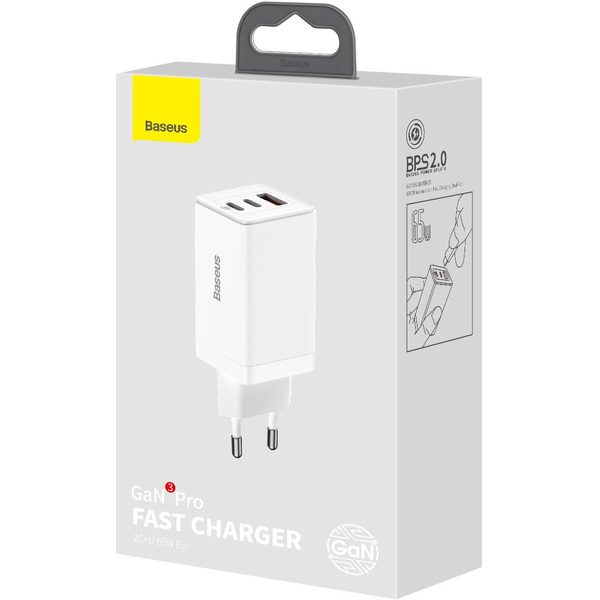 Сетевое зарядное устройство Baseus GaN3 Pro Fast Charger 2C+U 65W CCGP050102 White