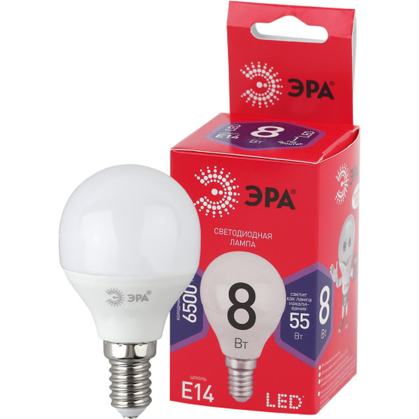 Лампочка ЭРА RED LINE LED P45-8W-865-E14 R