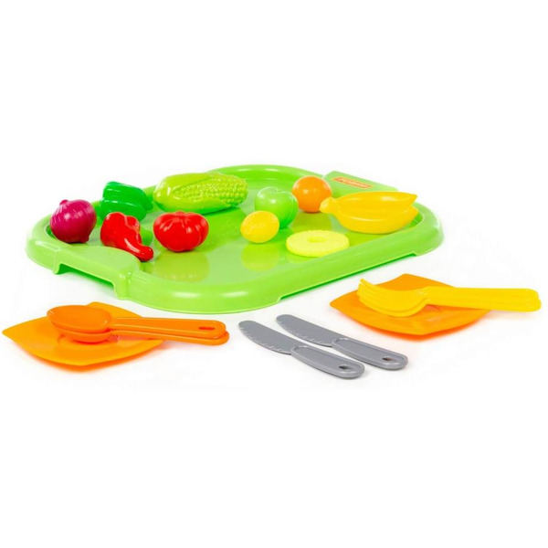Набор детской посуды Полесье с зелёным подносом и набором продуктов 71815 (18 элементов)