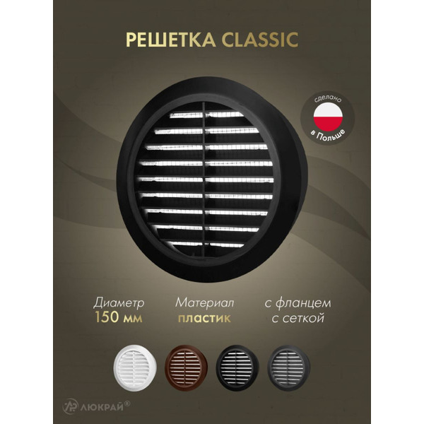 Решетка с сеткой от насекомых Awenta CLASSIC T23CZ (d150) черная