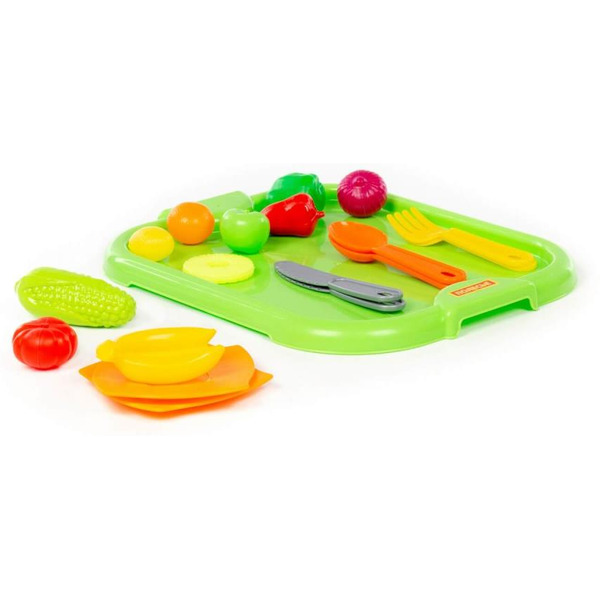 Набор детской посуды Полесье с зелёным подносом и набором продуктов 71815 (18 элементов)