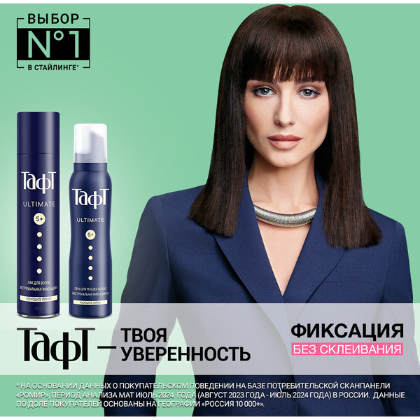 Пенка для укладки волос Тафт Ultimate. Эффект сияющего блеска экстремальная фиксация, 150 мл