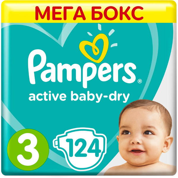 Подгузники PAMPERS Active Baby-Dry Midi (6-10 кг) Малая Мега (124 шт)