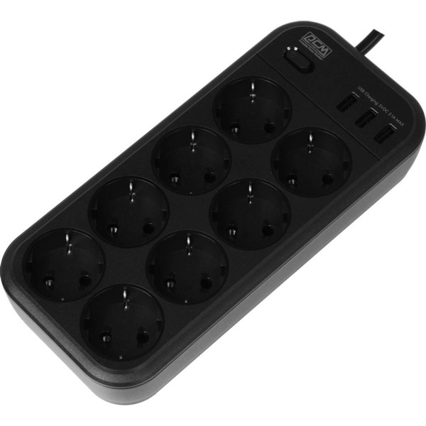 Сетевой фильтр Powercom SP-08 USB03AB (1.8 м, 8 розеток, черный)
