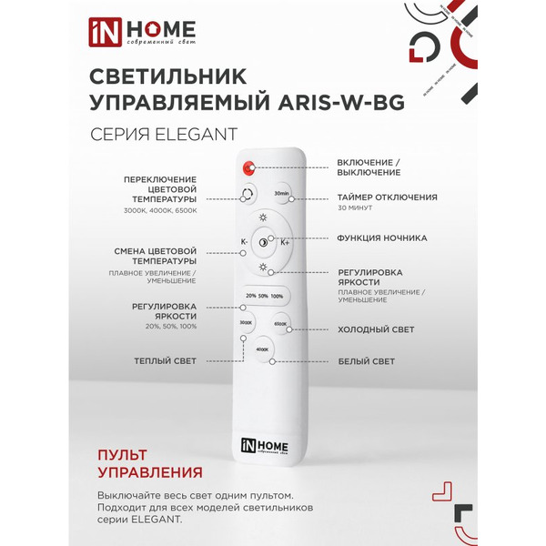 Светильник светодиодный IN HOME ELEGANT ARIS-W-BG (4690612043258)