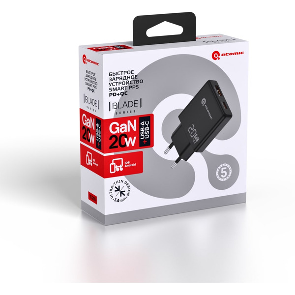 Зарядное устройство Atomic BLADE G203 GAN 20W 2-порта USB (A+C), цвет черный | 10.205
