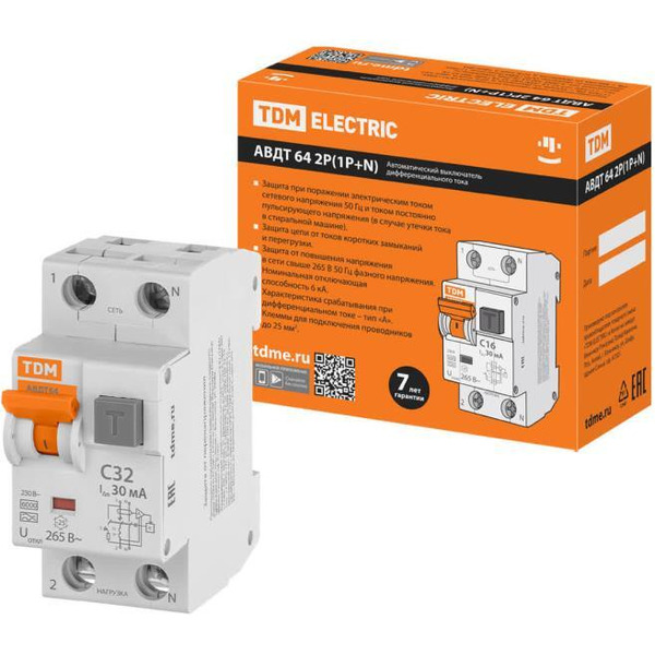 Дифференциальный автомат TDM АВДТ 64 2Р(1Р+N) C32 30мА тип А защита 265В SQ0205-0008