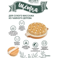 Щётка для сухого массажа из чайного дерева с щетиной кактуса, силиконовыми вставками и ремешком BRADEX KZ 0953