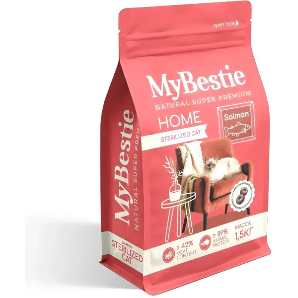 Сухой корм для кошек MyBestie Хоум Стерилизованный с лососем / 4605-15-MBH-CAT (1.5кг)