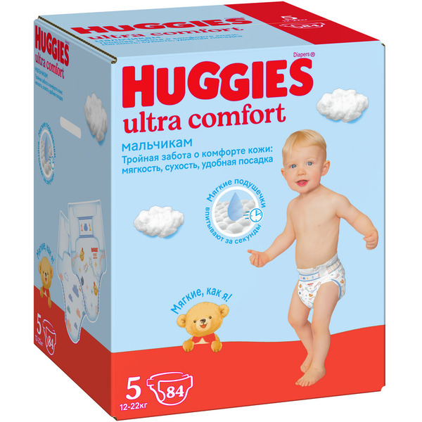Детские одноразовые подгузники HUGGIES Ultra Comfort  5 Disney Boy  (12-22кг) 84 шт.