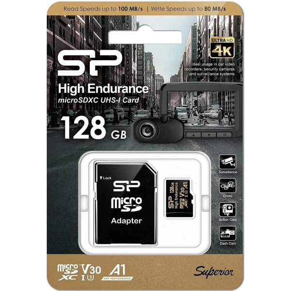 Карта памяти Silicon-Power Golden Series High Endurance microSDXC SP128GBSTXDV3V1HSP 128GB (с адаптером)