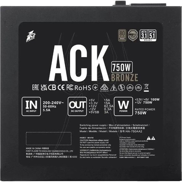 Блок питания 1stPlayer ACK Bronze 750W HA-750AA2 (ACK-BRZ-750-BK-EU)