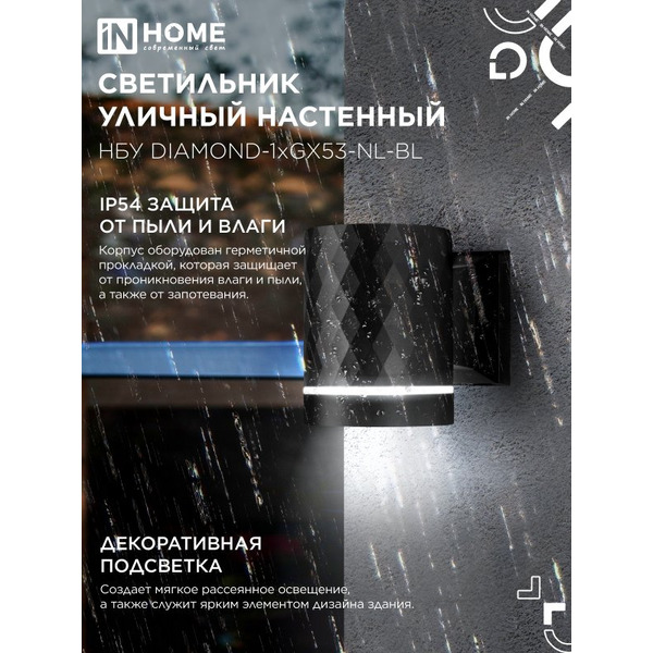 Светильник уличный настенный IN HOME НБУ DIAMOND-1хGX53-NL-BL (4690612052861)