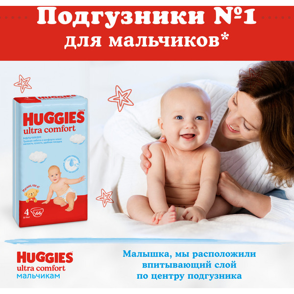 Детские одноразовые подгузники HUGGIES Ultra Comfort  5 Disney Boy  (12-22кг) 84 шт.