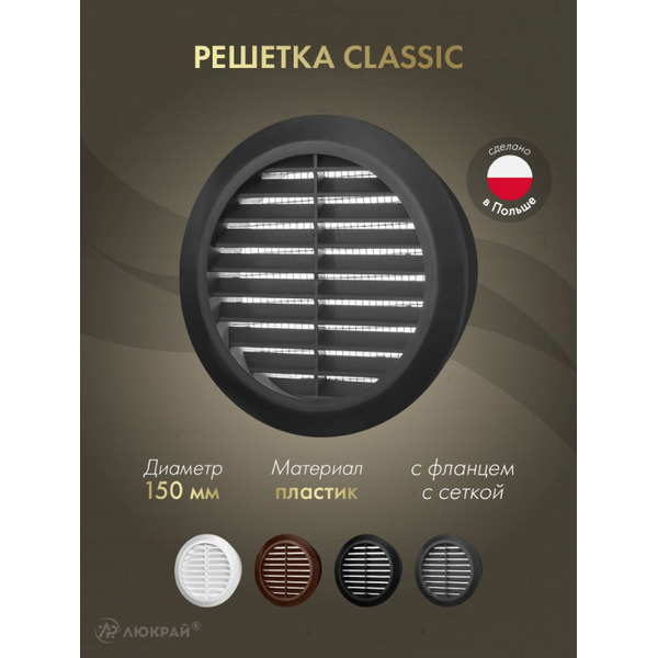 Решетка с сеткой от насекомых Awenta CLASSIC T23GR (d150) графитовая