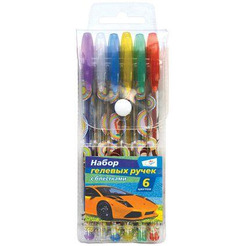 Набор гелевых ручек "Машинки", 6 цветов с блестками, ПВХ чехол, (Спейс) арт. GGP6_3192