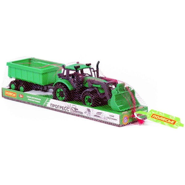 Трактор Полесье Прогресс с прицепом и ковшом инерционный (зелёный) 94667