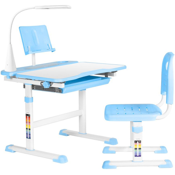 Парта+стул Anatomica Avgusta с выдвижным ящиком, подставкой и светильником (белый/голубой)