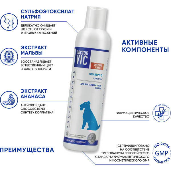 Шампунь для животных Doctor VIC Для жесткошерстных собак и кошек (250мл)