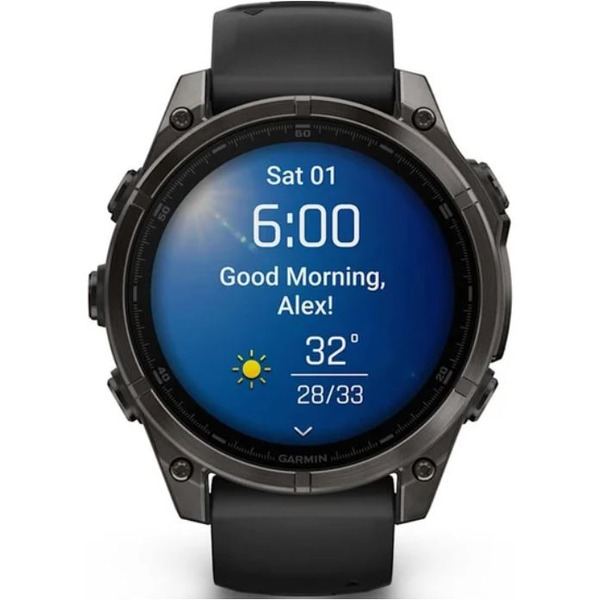 Умные часы Garmin Fenix 8 Sapphire, Titanium 47мм (угольно-черный DLC, пепельно-черный силиконовый ремешок)