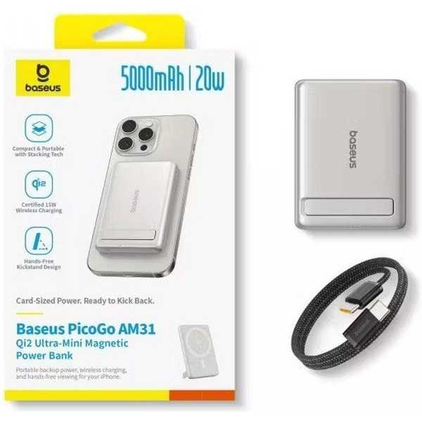 Внешний аккумулятор Baseus PicoGo AM31 Mini Magnetic Power Bank with Stand 20W 5000mAh P10081907853-00 (титановый)
