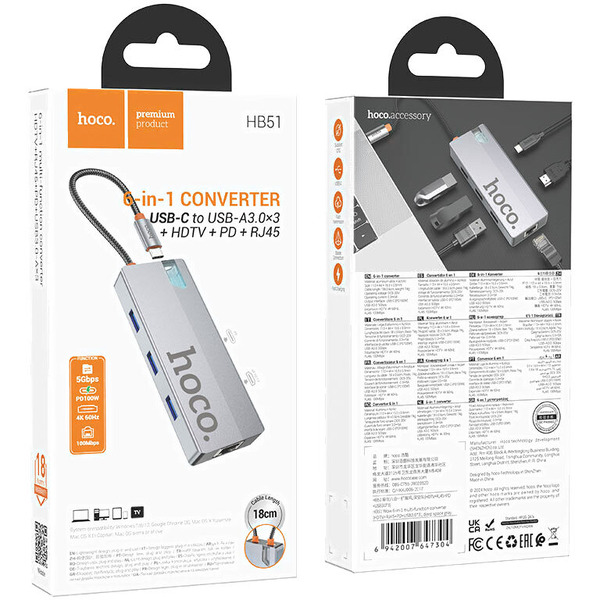 Док-станция для ноутбука Hoco HB51 6в1 Type-C - HDTV+RJ45+PD+USB3.0x3 (глубокий космический серый)
