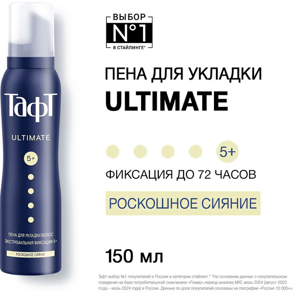 Пенка для укладки волос Тафт Ultimate. Эффект сияющего блеска экстремальная фиксация, 150 мл