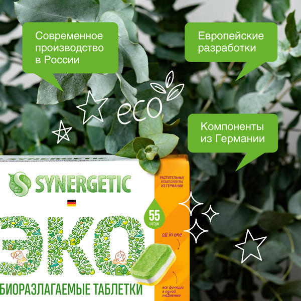 Таблетки для посудомоечных машин SYNERGETIC бесфосфатные, экологичные, 55шт (102055)